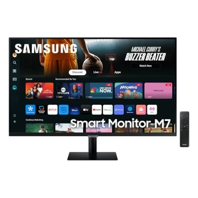 Abbildung von Samsung M70D Smart Monitor, 32 Zoll, 4K AI Upscaling, UHD, 60 Hz, Streaming Monitor mit Entertainment und Gaming Hub, Bildschirm Lautsprechern, TV Apps Fernbedienung, LS32DM700UUXEN