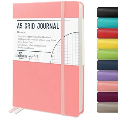 Abbildung von STATIONERY ISLAND Notizbuch a5 Kariert, Journal Hardcover mit 120 g/m² Dickem Papier, 180 Seiten Tagebuch, Notebook für Mädchen, Reisetagebuch, Planen, Lernen, Schreiben