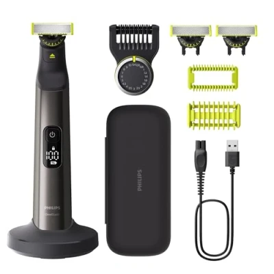 Abbildung von Philips OneBlade Pro 360 Authentische Face &amp; Body Elektrischer Bartschneider, Rasierer und Bodygroomer, 3x Klinge, 1x Kamm mit 20 Längen, Kit, Ladestation, Reiseetui, QP6652/35