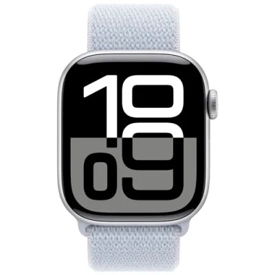 Abbildung von Apple Watch Series 10 42mm Silber (Hellblaues Nylon Armband)