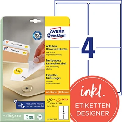 Abbildung von AVERY Zweckform L4733REV 25 Universal Etiketten (100 plus 20 Klebeetiketten extra, 99,1x139mm auf A4, wieder rückstandsfrei ablösbar/abziehbar, bedruckbar, selbstklebende Aufkleber) 30 Blatt, weiß
