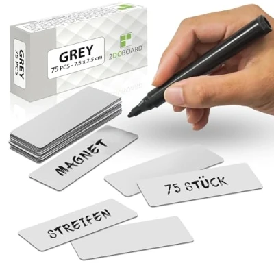 Abbildung von 2DOBOARD Magnetstreifen beschreibbar 7,5 cm x 2,5 Grau 75 Stück Magnetschilder zum beschriften Für Kühlschrank, Whiteboard &amp; Tafel Magnetetiketten