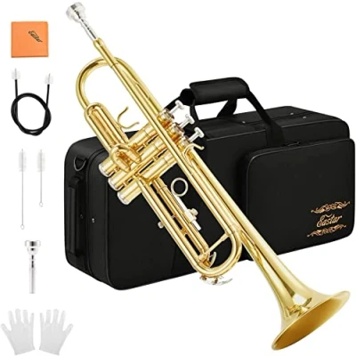 Abbildung von Eastar Bb Standard Trompeten Set für Anfänger, Messing Trompeteninstrument Studenten mit Hartschalenkoffer, Reinigungsset, 7C Mundstück und Handschuhen, ETR 380, Golden