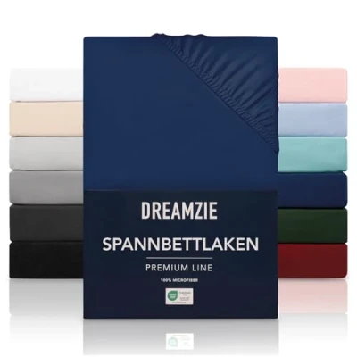 Abbildung von Dreamzie Spannbetttlaken 100x200 cm Hoher Steg bis 35 100% Mikrofaser Dunkelblau Schadstoffgeprüft (Oeko TEX), Bettlaken mit Gummizug