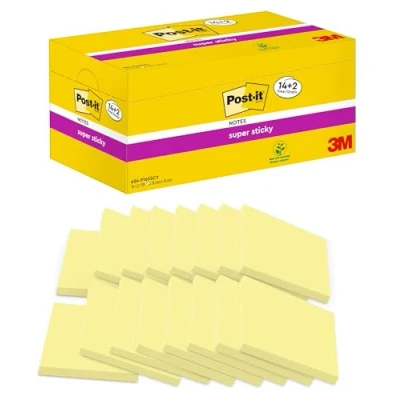 Abbildung von Post it Super Sticky Notes Kanariengelb, Vorteilspackung, 14 Blöcken + 2 Gratisblöcke, 90 Blatt pro Block, 76 mm x mm, Gelb Extra stark klebende Notizzettel für To Do Listen und Erinnerungen