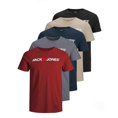Abbildung von JACK &amp; JONES Herren JJECORP Logo Tee SS Crew Neck 5er Pack Kurzarm T Shirt, B, Black/Grisaille/RedDahlia/Crockery/NavyBlazer, L