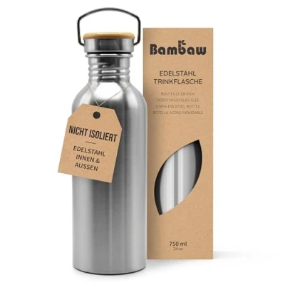 Abbildung von Bambaw Einwandige Edelstahl Trinkflasche, Trinkflasche 750ml, Nicht Isolierte Wasserflasche aus Edelstahl, 750ml Metall Wasserflasche, Unisex,