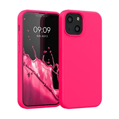 Abbildung von kwmobile Hülle kompatibel mit Apple iPhone 13 Mini Silikon Handy Case Handyhülle weiche Oberfläche kabelloses Laden Neon Pink