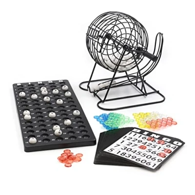Abbildung von Bingo Spiel Metalltrommel 18 Bingotickets 75 Kugeln 150 Chips Spielbrett schwarz Erwachsene Kinder Basic (2026)