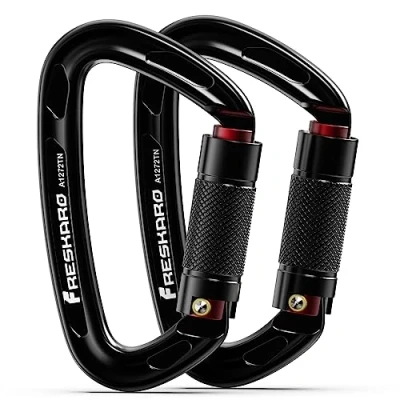 Abbildung von FresKaro Kletter Karabiner, Schraubkarabiner mit Große öffnung, Karabinerhaken Klettern, Carabiner Schwarz Matt, Schraubverschluss Groß, für Hängematte, Feuerwehr, Extra Stark 2550kg, 2 Stücke