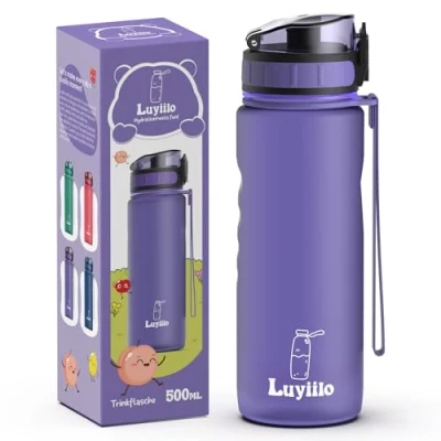 Abbildung von Luyiilo Trinkflasche Kinder Auslaufsicher 500 ml, Kohlensäure Geeignet, BPA Frei Trinkflasche, mit Fruchteinsatz &amp; Stickers, Perfekt für Kindergarten, Schule (Lila)