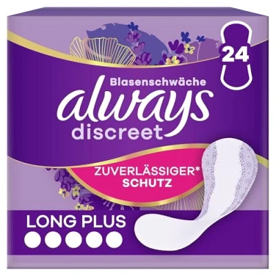 Abbildung von Always Discreet Inkontinenz Slipeinlagen Long Plus (24 Binden) für Damen, starker Schutz, den Sie kaum spüren