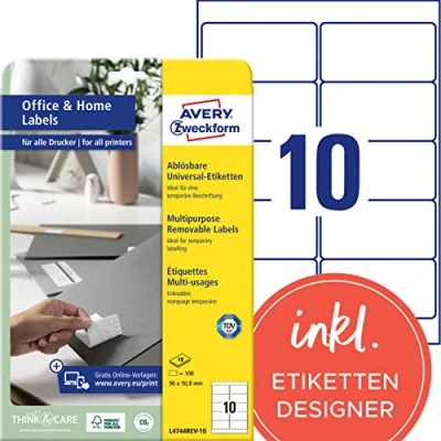 Abbildung von AVERY Zweckform L4744REV 10 Universal Etiketten (100 Klebeetiketten, 96x50,8mm auf A4, wieder rückstandsfrei ablösbar/abziehbar, individuell bedruckbare, selbstklebende Aufkleber) Blatt, weiß