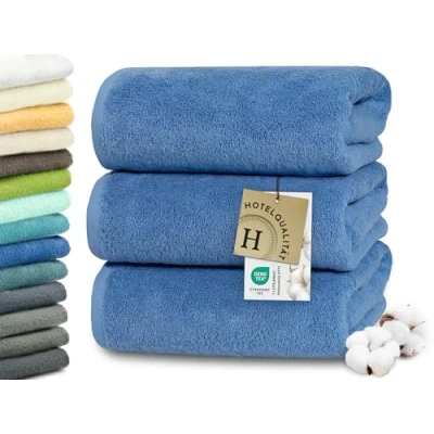 Abbildung von ZOLLNER 3er Set Duschtücher in 70x140 cm besonders weiche und saugstarke Handtücher blau mit praktischem Aufhänger waschbar bis 95C Baumwolle Hotelqualität