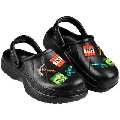 Abbildung von Minecraft Clogs Kinder Gartenschuhe für Strand Schwimmbad, Hausschuhe Jungen mit Riemen abnehmbare Schuhanhänger, Geschenke Jungs (Schwarz Charms, 28/29 EU)
