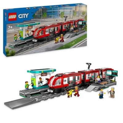 Abbildung von LEGO City Straßenbahn mit Haltestelle, Geschenkidee für Fans von Fahrzeug Spielzeug ab 7 Jahren, 6 Minifiguren und einem Blindenhund Rollenspiele, Bauspielzeug 60423