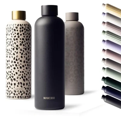 Abbildung von MAMEIDO Edelstahl Trinkflasche isoliert 500ml, 750ml &amp; 1l auslaufsichere Thermosflasche, Kohlensäure geeignet, BPA frei, Isolierflasche 12h heiß 24h kalt (Rich Black, 1000ml)