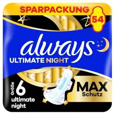 Abbildung von Always Damenbinden Ultimate Night (Größe 6) Mit Flügeln 54 Stück, Super Saugfähig, Für Die Periode