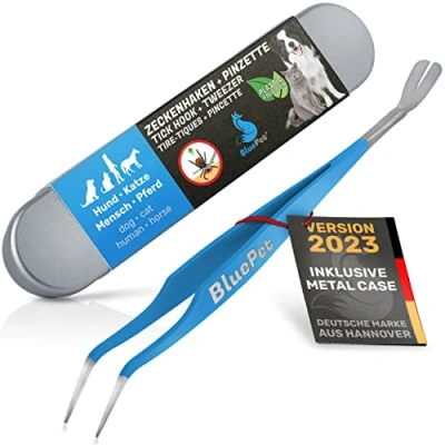 Abbildung von BluePet 2in1 Zeckenpinzette für Hunde, Katze, Pferd &amp; Mensch Edelstahl Zeckenzange mit Case I Zeckenhebel als Solider Zeckenentferner Alternative zu Zeckenpinzette, Zeckendreher Zeckenmittel