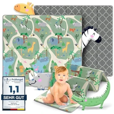Abbildung von MAPALOU Krabbelmatte Spielmatte für Baby &amp; Kinder Faltbar Schadstofffrei 180 x 200cm Kinderzimmer Spielteppich Play Mat Babymatte Bodenmatte Tragbar Wasserdicht Innen Outdoor Safari