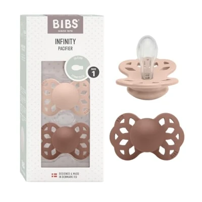 Abbildung von BIBS Infinity Symmetrischer Schnuller Zweierpackung, bisphenol A frei, Silikonsauger, Nippel. Silikon, 0 6 Monate (2er Pack), Blush/Woodchuck