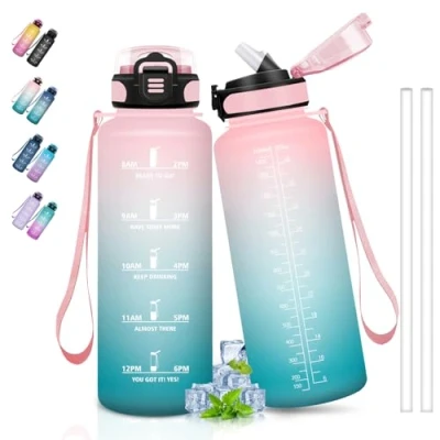 Abbildung von Trinkflasche 1 5 liter, Sport mit Motivierendem Slogan, Strohhalm, Zeitmarkierung, Wasserflasche für Fitness, Camping, Yoga, Wandern, Running, Rosa Grün