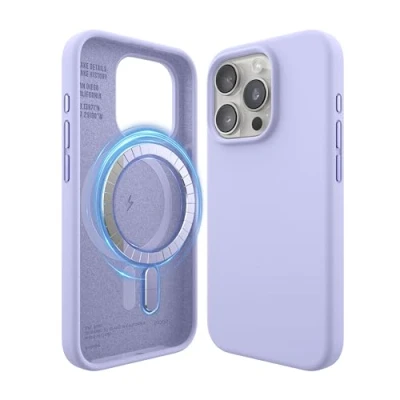 Abbildung von elago Magnetische Silikonhülle Kompatibel mit iPhone 15 Pro Hülle, MagSafe Alles Zubehör, Integrierte Magnete, Premium Silikon, Ganzkörper Schutzhülle [5 Lagige Struktur] (Violett)