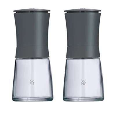 Abbildung von WMF Trend Mühlenset 2tlg, Salz und Pfeffermühle unbefüllt, Glasbehälter, Keramikmahlwerk, Mühle für Salz, Pfeffer, Gewürze, grau