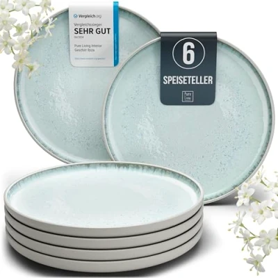 Abbildung von Steingut Teller groß 6 Pers. Ibiza Hochwertiges Mediterranes TEST SEHR GUT Speiseteller Set Spülmaschinen , Mikrowellen und Kratzfest Stylisches Essteller Pure Living in Beige Blau