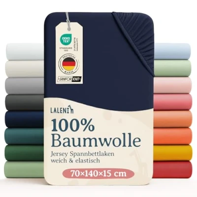 Abbildung von Laleni Jersey Spannbettlaken 70x140 cm Babybett Oeko TEX zertifiziertes Bettlaken Kinderbett Kinderbettwäsche aus 100% Baumwolle Baby in Blau