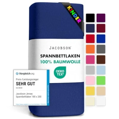 Abbildung von Jacobson Jersey Spannbettlaken Spannbetttuch Baumwolle Bettlaken (60x120 70x140 cm, Royal Blau)
