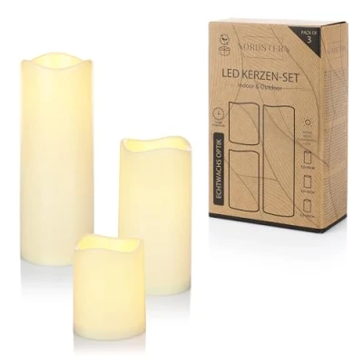 Abbildung von Nordstern LED Kerzen 3er Set Stumpenkerzen mit flackernden Licht und Timerfunktion 6 h Warmweißes batteriebetriebenes Indoor &amp; Outdoor