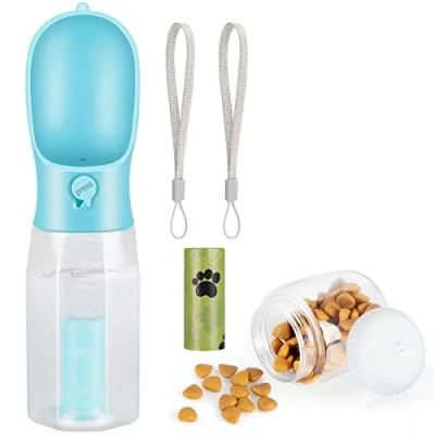 Abbildung von Zivacate Hunde Trinkflasche 600 ML Multifunktion Tragbare Hundetrinkflasche für unterwegs mit 100g Futterbehälter und Kotbeutelspender Welpen Katzen Reise Zubehör Wasserspender (Blau)