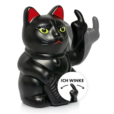 Abbildung von ANGRY CAT Winkekatze Lucky Lustige winkende Katze japanische Winkkatze mit Stinkefinger Dekoartikel Wackelfigur Winke Arm Mittelfinger 15cm SCHWARZ MATT