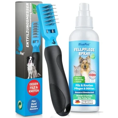Abbildung von BluePet Profi Entfilzungskamm + Fellspray für Hunde &amp; Katzen bei Verfilzungen Knoten Als Entfilzungshaken mit Entfilzungsmessern Entfilzungsharke