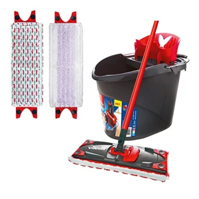 Abbildung von Vileda Ultramax Bodenwischer Komplett Set, inkl. 2in1 Mikrofaser Bezug und Sensitive Bezug, Eimer mit Powerpresse, für Sensible Böden, Stiellänge 75 130cm, Eco Verpackung