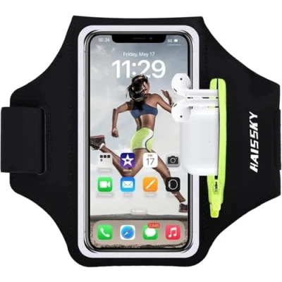 Abbildung von HAISSKY Handy Schweißfest Sportarmband Mit Airpods Tasche für iPhone 13 Pro/12 Pro Max/iPhone 11/11 Pro/XR/XS/X/8 Plus/7 Plus/8/7/6s/6,Huawei P20/P30 Pro/Mate 20 Xiaomi,LG Kabelfach/Kartenhalter