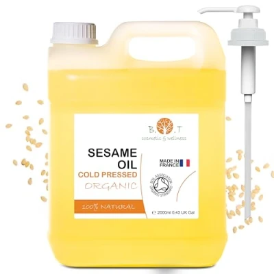 Abbildung von 100% reines und natürliches Bio Sesamöl, das aus der Kaltpressung von Sesamsamen gewonnen wird. Zertifiziert biologisch. Haut Haarpflege. Ayurveda Massageöl 2000 ml 2 L
