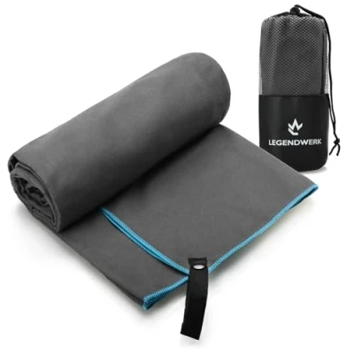 Abbildung von Legendwerk® Mikrofaser Handtuch 160 x 80 cm schnelltrocknend &amp; leicht Badetuch für Fitness, Sauna, Reise Strand Sport mit Druckknopf Schlaufe Beutel zum Verstauen