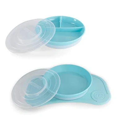 Abbildung von Twistshake Babygeschirr Set Mini + geteilter Teller Baby Saugnapfplatte Tischset (31 x 17 cm) BPA frei Trainingsplatte Blau