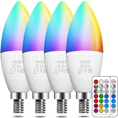 Abbildung von HEKEE E14 Led Lampe 5W (ersetzt 40W), Kerze Glühbirnenm, RGBW mit Fernbedienung Warmweiß 2700K Ambiente RGB Farbwechsel Farbige (4er Pack)