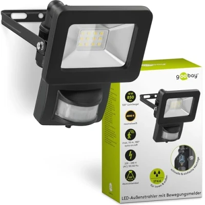 Abbildung von goobay 53877 LED Strahler Bewegungsmelder Außen 10W / PIR Sensor Außenstrahler IP44 Neutralweißes Licht 850 lm/LED Scheinwerfer Fluter Wandmontage/Gartenstrahler/Schwarz