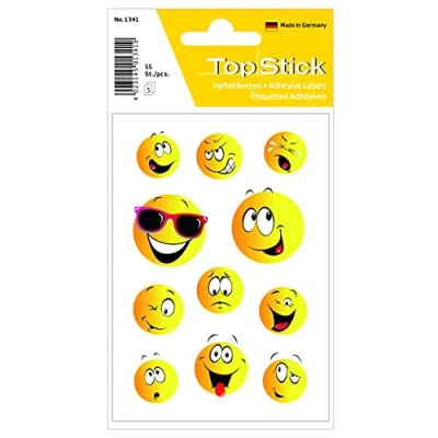 Abbildung von TopStick 1341 Aufkleber Smiley klein groß, 55 Stück, Belohnung Sticker mit lustigen Emoji Gesicht Motiv, Kinder Etiketten für Schule Grundschule Schüler Tagebuch Scrapbooking Geburtstag Deko Basteln