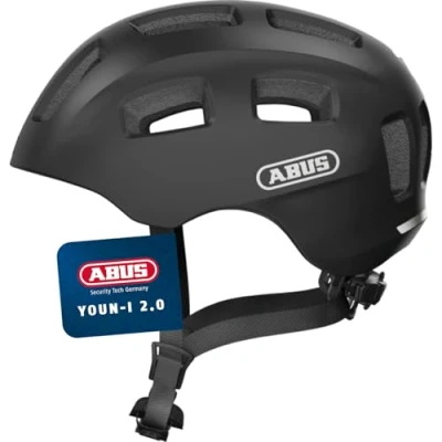 Abbildung von ABUS Fahrradhelm Youn I 2.0 mit Licht für Kinder, Jugendliche und junge Erwachsene Mädels Jungs Schwarz Matt, Größe S