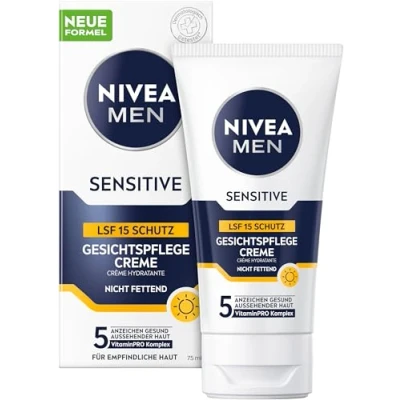 Abbildung von NIVEA MEN Sensitive Gesichtspflege Creme mit LSF 15, 24h Feuchtigkeitscreme für empfindliche Männerhaut, beruhigende Gesichtscreme zur Linderung von Hautirritationen (75 ml)