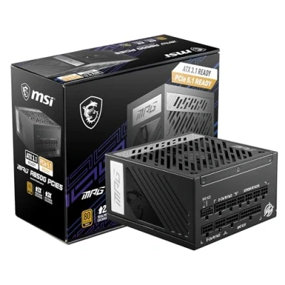 Abbildung von MSI MPG A850G PCIE5 Netzteil, EU Stecker 850W, 80 Plus Gold zertifiziert, vollmodularer ATX 3.0, unterstützt PCIe 5.0 GPU, japanische 105C Kondensatoren, 0% RPM Modus, Flachkabel