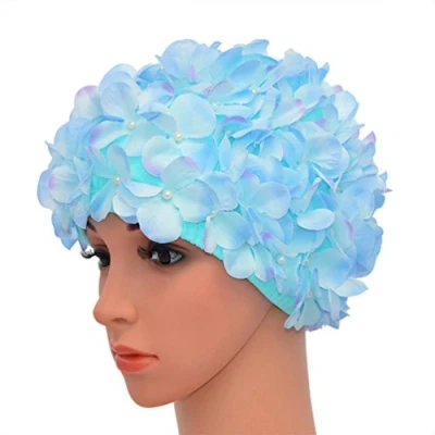 Abbildung von medifier Vintage Blumenmuster Retro Badekappe Badehaube für Damen, hellblau