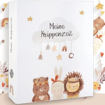 Abbildung von OLGS Sammelordner Meine Krippenzeit Erinnerungsordner, Kindergartenordner Boho Bär, Hase, Löwe Ordner für Kinder Geschenk, Kindergartenzeit, Sammelmappe, Kindergarten, Ringordner DIN A4 Indianer