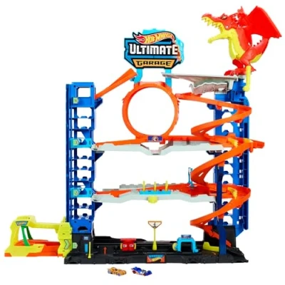 Abbildung von Hot Wheels Let&#039;s Race Netflix Ultimative Garage Mehrere Ebenen Parkgarage, 3ft hoch, mit 2 Die Cast Autos, ab 5 Jahren, Rennspaß, Stunt Abenteuer, Drachenkampf, Autowaschanlage, Fahrstuhl, HKX48