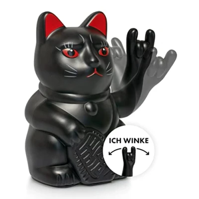 Abbildung von ANGRY CAT Winkekatze Lucky rockige, winkende Rock japanische Winkkatze rockt Dekoartikel Wackelfigur Winke Arm mit Heavy Metal Zeichen 15cm SCHWARZ MATT